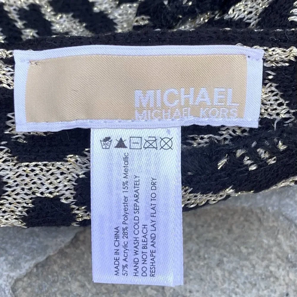NWT New Michael Kors Black and Gold Metallic Leopard Print Logo Hat/Beanie OS